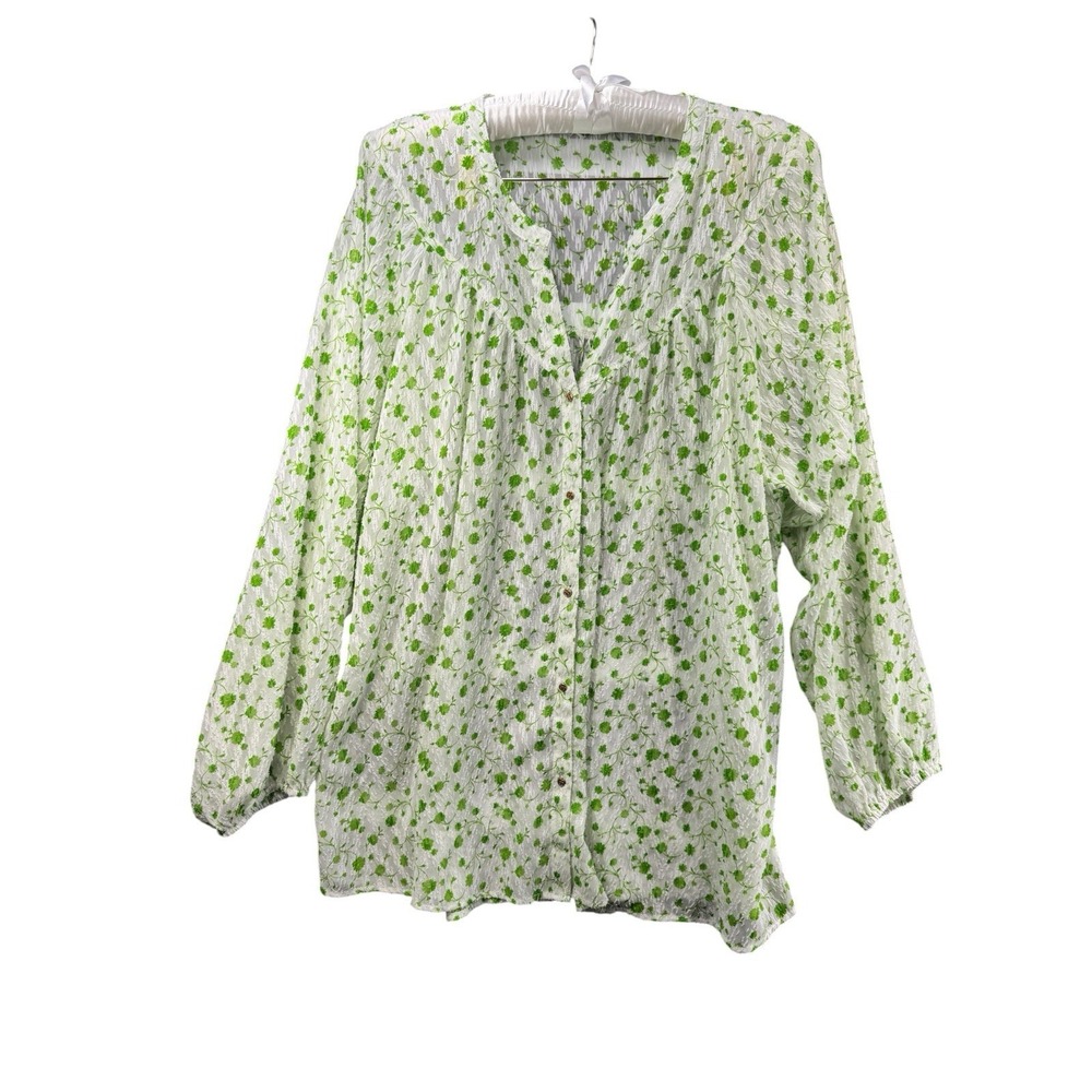 Vintage White Green Floral Textured Sheer Blouse Womens Cottagecore Boho L